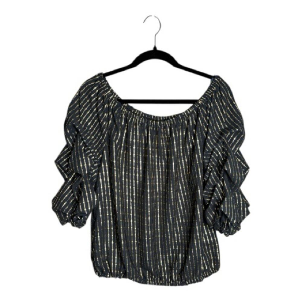 Express Navy Blue Off Shoulder Gold Stripe Statement Sleeve Top Large